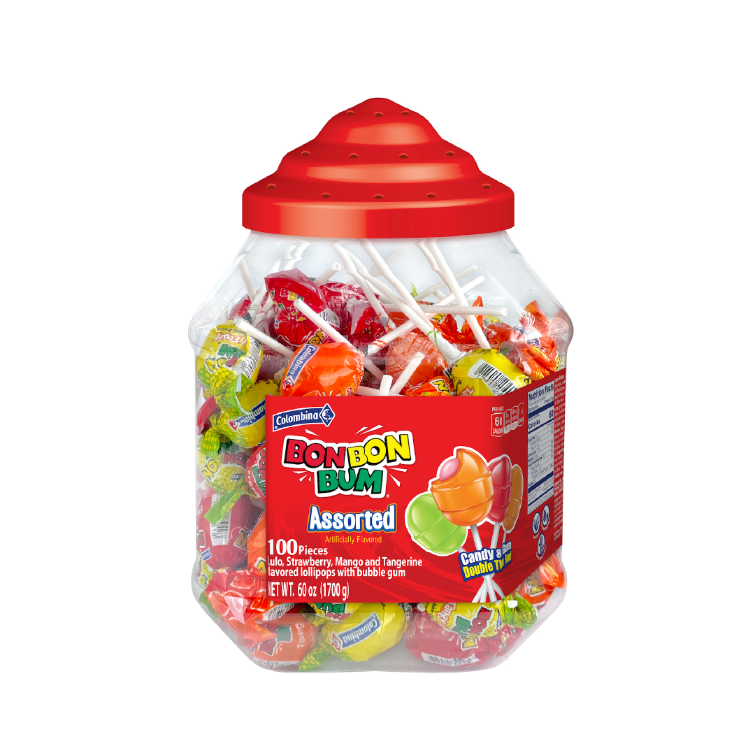 Bon Bon Bum's iconic assortment: 100 lollipops in a resealable jar, each with a bold fruit-flavored hard candy shell and a chewy bubble gum center.