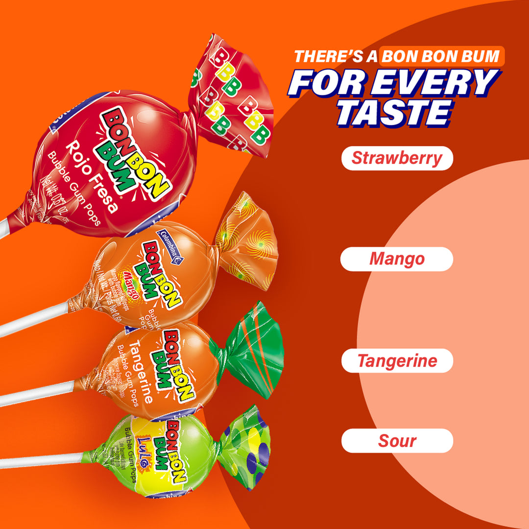 Bon Bon Bum 100 lollipops assorted: strawberry, mango, tangerine and lulo.