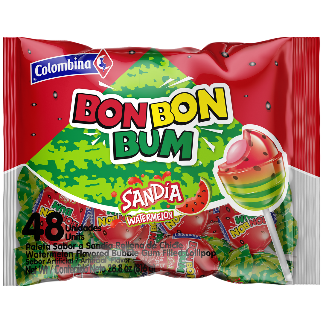 Fronk package of Bon Bon Bum watermelon lollipops. Sweet watermelon on the outside, chewy bubble gum on the inside. 48 individually wrapped.