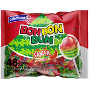 Fronk package of Bon Bon Bum watermelon lollipops. Sweet watermelon on the outside, chewy bubble gum on the inside. 48 individually wrapped.