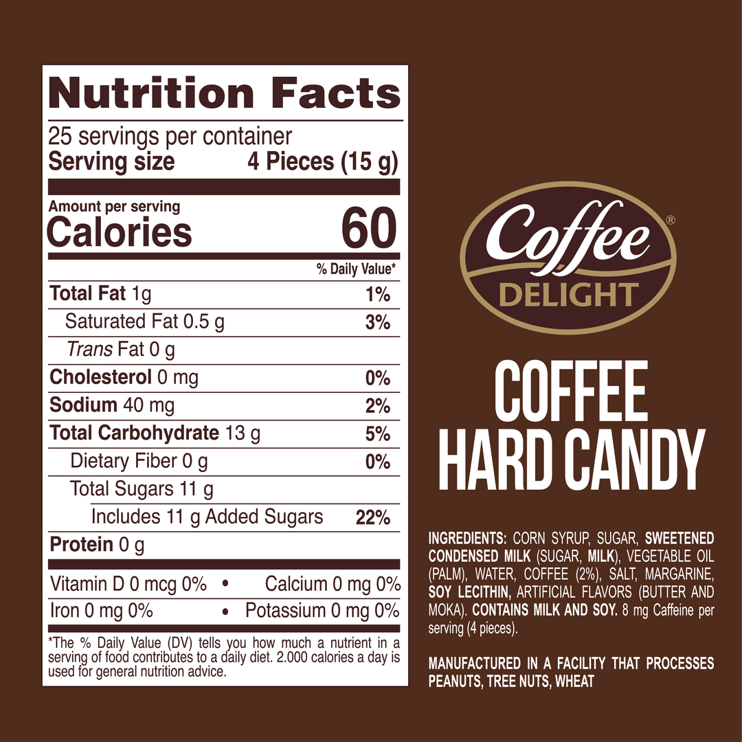 Nutrition facts label and ingredientes for Coffee Delight Coffee Hard Candy.