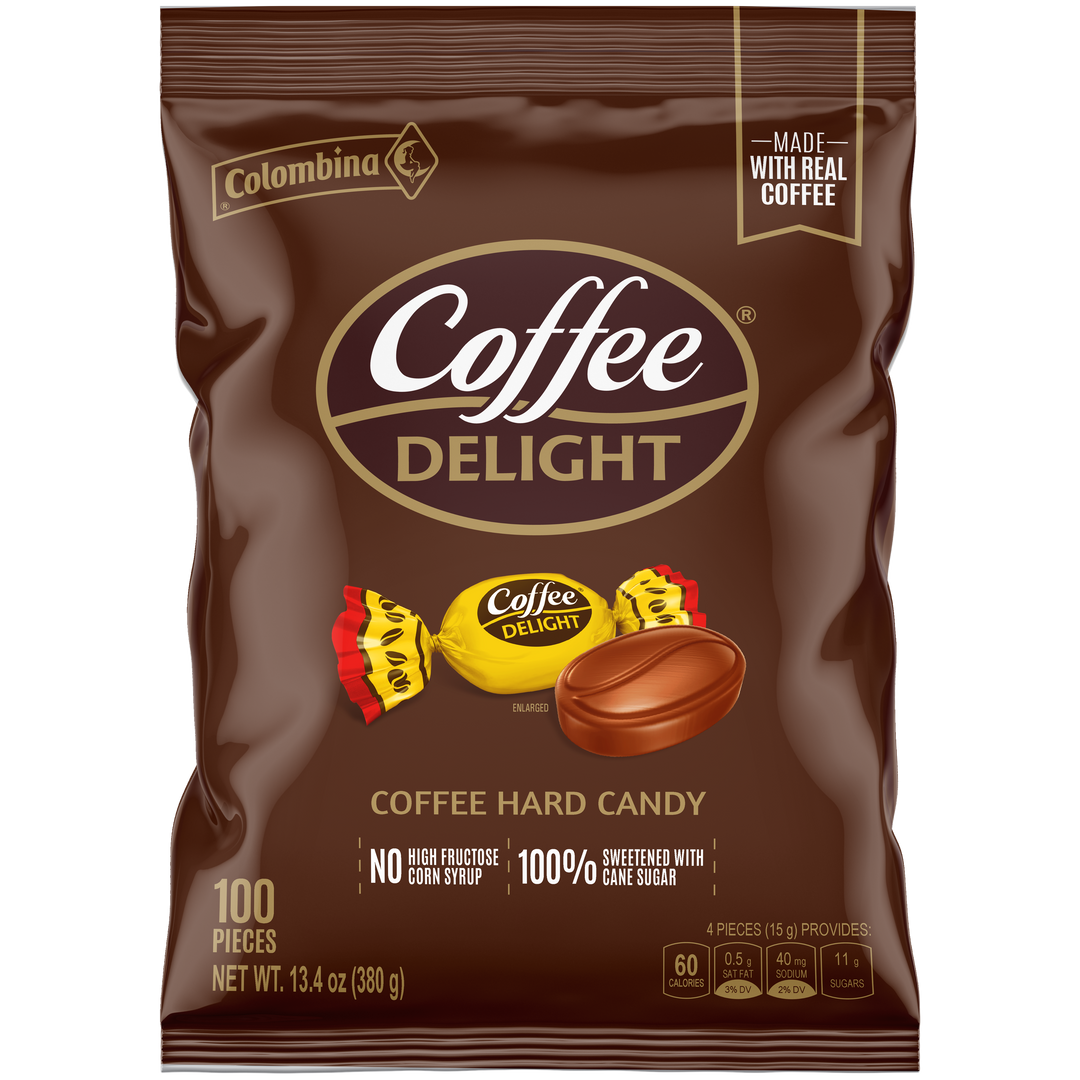 Front view package of Coffee Delight hard candy made with real coffee. Rich, creamy flavor that melts slowly. 100 individually wrapped pieces. 
