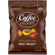 Front view package of Coffee Delight hard candy made with real coffee. Rich, creamy flavor that melts slowly. 100 individually wrapped pieces. 
