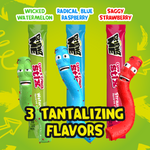Load image into Gallery viewer, Wicked watermelon. Radical blue raspberry. Saggy strawberry. Three tantalizing flavors, ChewzMe Chewin Crunch Sticks. 
