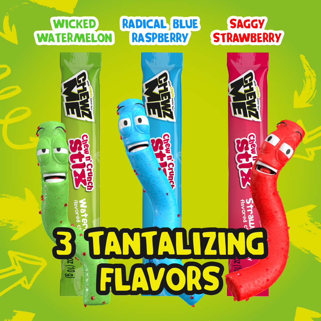 Wicked watermelon. Radical blue raspberry. Saggy strawberry. Three tantalizing flavors, ChewzMe Chewin Crunch Sticks. 