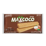 Load image into Gallery viewer, Front package view of MAXCOCO coconut cream wafer cookies by Colombina. It contains 6 packs per bag.
