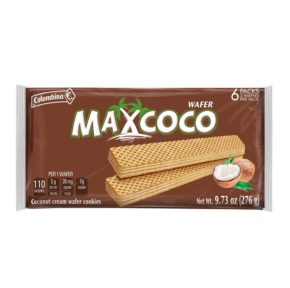 Front package view of MAXCOCO coconut cream wafer cookies by Colombina. It contains 6 packs per bag.