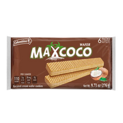 Front package view of MAXCOCO coconut cream wafer cookies by Colombina. It contains 6 packs per bag.