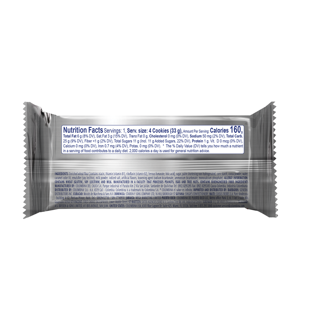 Back package view of Brinky Chocolate sandwich cookies. 12 packs, 4 cooklies per pack. 13.97 oz.