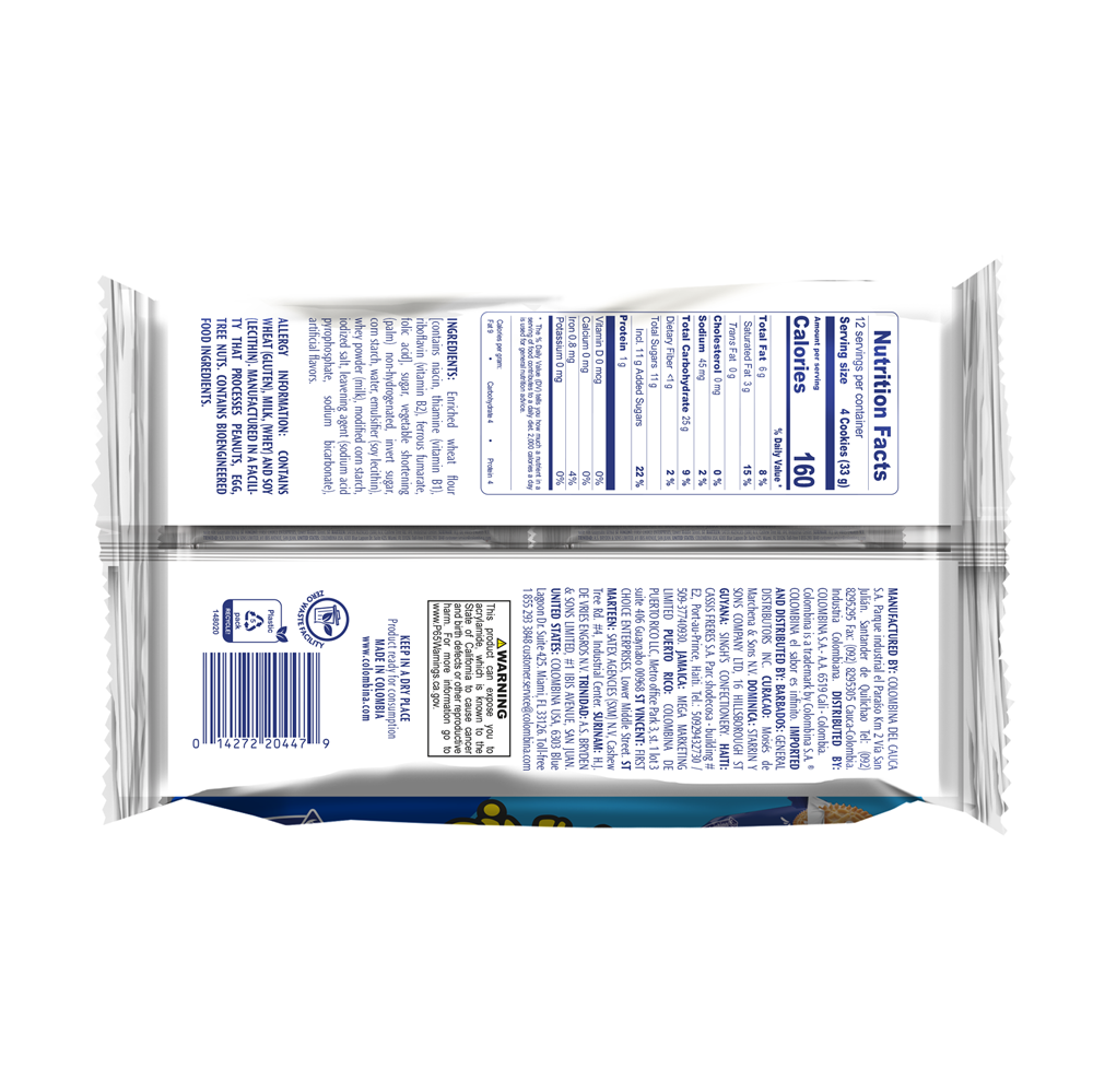 Back package view of Brinky Vanilla sandwich cookies 13.97 oz. Crispy sandwich cookies with a smooth vanilla cream filling. 12 individually wrapped packs.