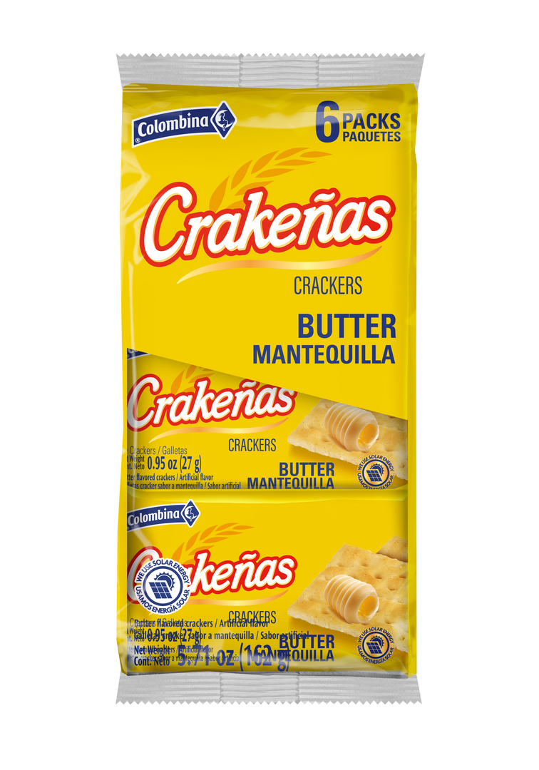 Front package view of Crakeñas Butter Mantequilla are thin, crispy butter crackers with a satisfying crunch and a clean, buttery flavor. 