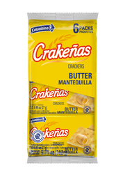 Front package view of Crakeñas Butter Mantequilla are thin, crispy butter crackers with a satisfying crunch and a clean, buttery flavor. 