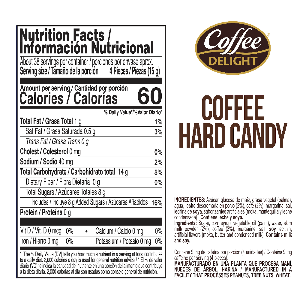 Nutrition Facts label and ingredients of Coffee Delight with product name, serving size, calories, ingredients, and manufacturer text.