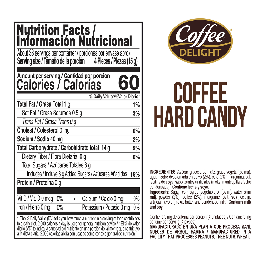 Nutrition Facts label and ingredients of Coffee Delight with product name, serving size, calories, ingredients, and manufacturer text.