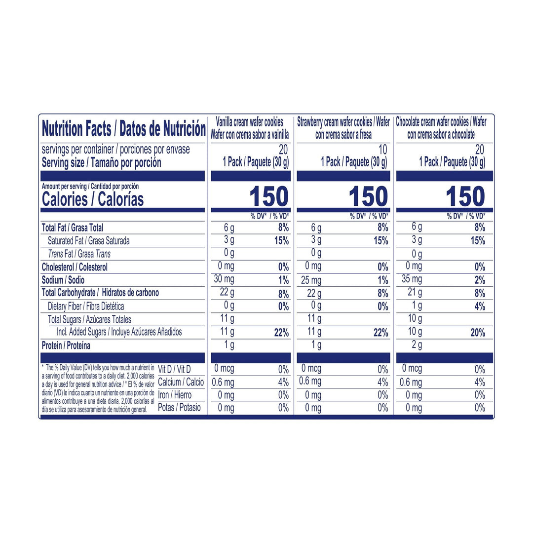 Nutrition facts and ingredients of Bridge wafer assorted: vanilla, strawberry and chocolate. A crispy snack with three classic fillings.