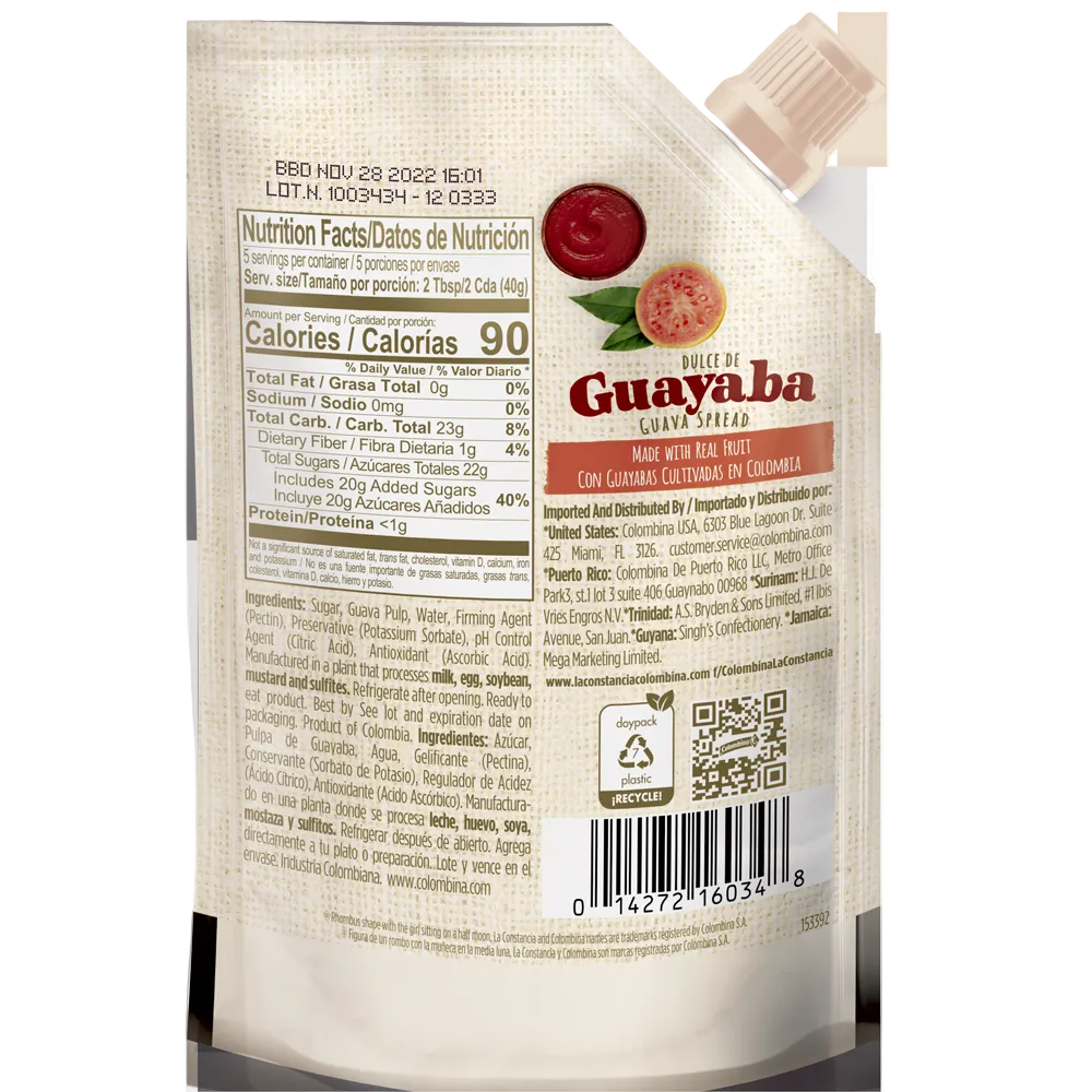 Back Package view of guava spread 7 oz.