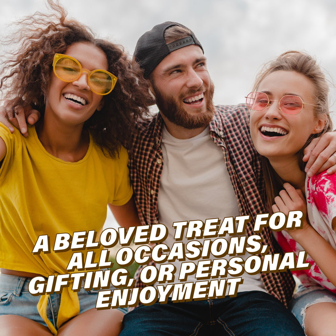Three people appears laughing in this photo with the text: Bon Bon Bum is a beloved treat for all occasions, gifting, or personal enjoyment.