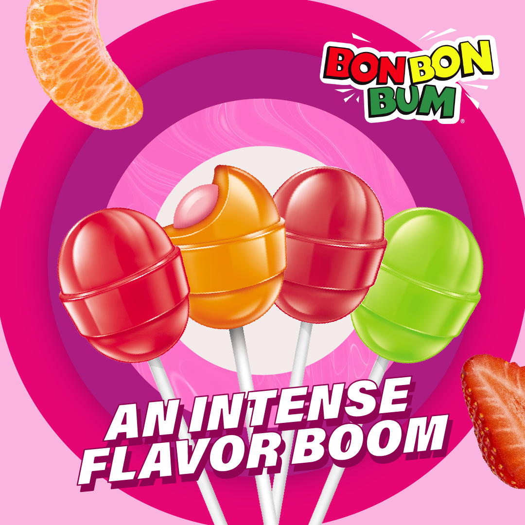 Image with Bon Bon Bum Assorted lollipops. 48-count bag with watermelon, passion fruit and strawberry flavors.
