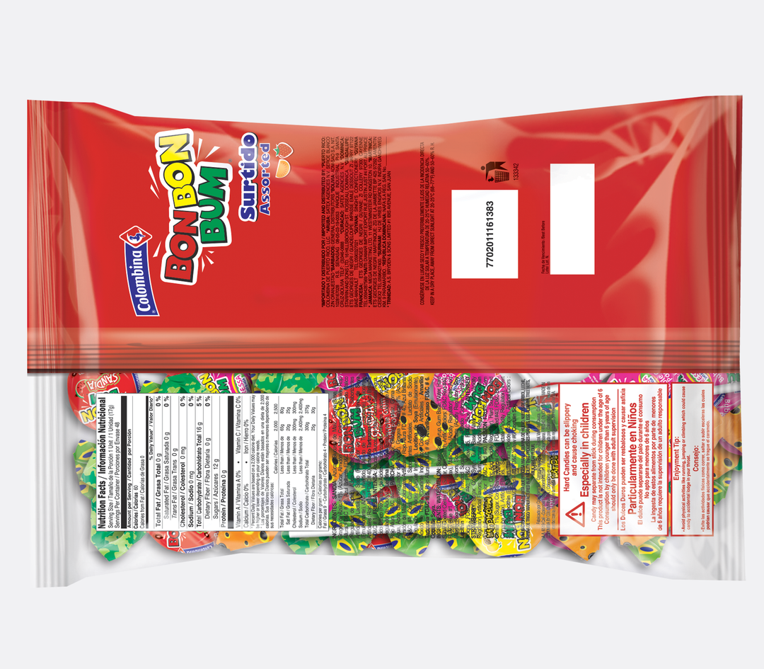Back package view of Bon Bon Bum Assorted lollipops. 48-count bag with watermelon, passion fruit and strawberry flavors.