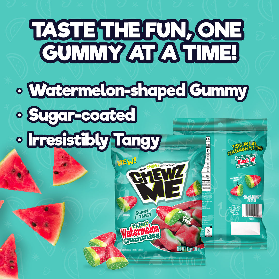 Chewzme watermelon gummies. Taste the fun, one gummy at a time. Watermelon-shaped gummy. Sugar-coated. Irresistibly tangy.