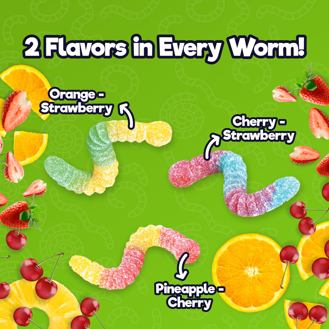 Two flavors in every worm: Orange-strawberry, cheery-strawberry, and pineapple-cherry.