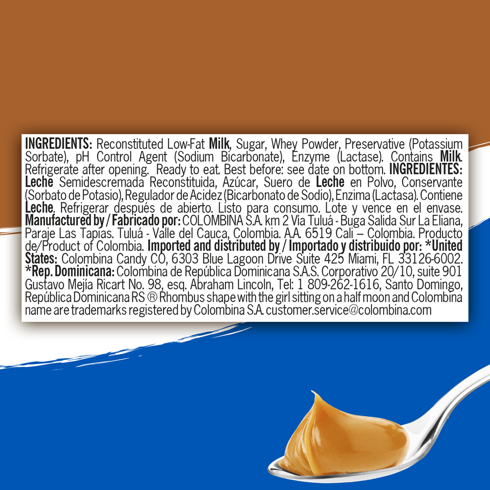 Ingredients of Dulce de Leche Milk Caramel Spread in an 8.8 oz jar. 