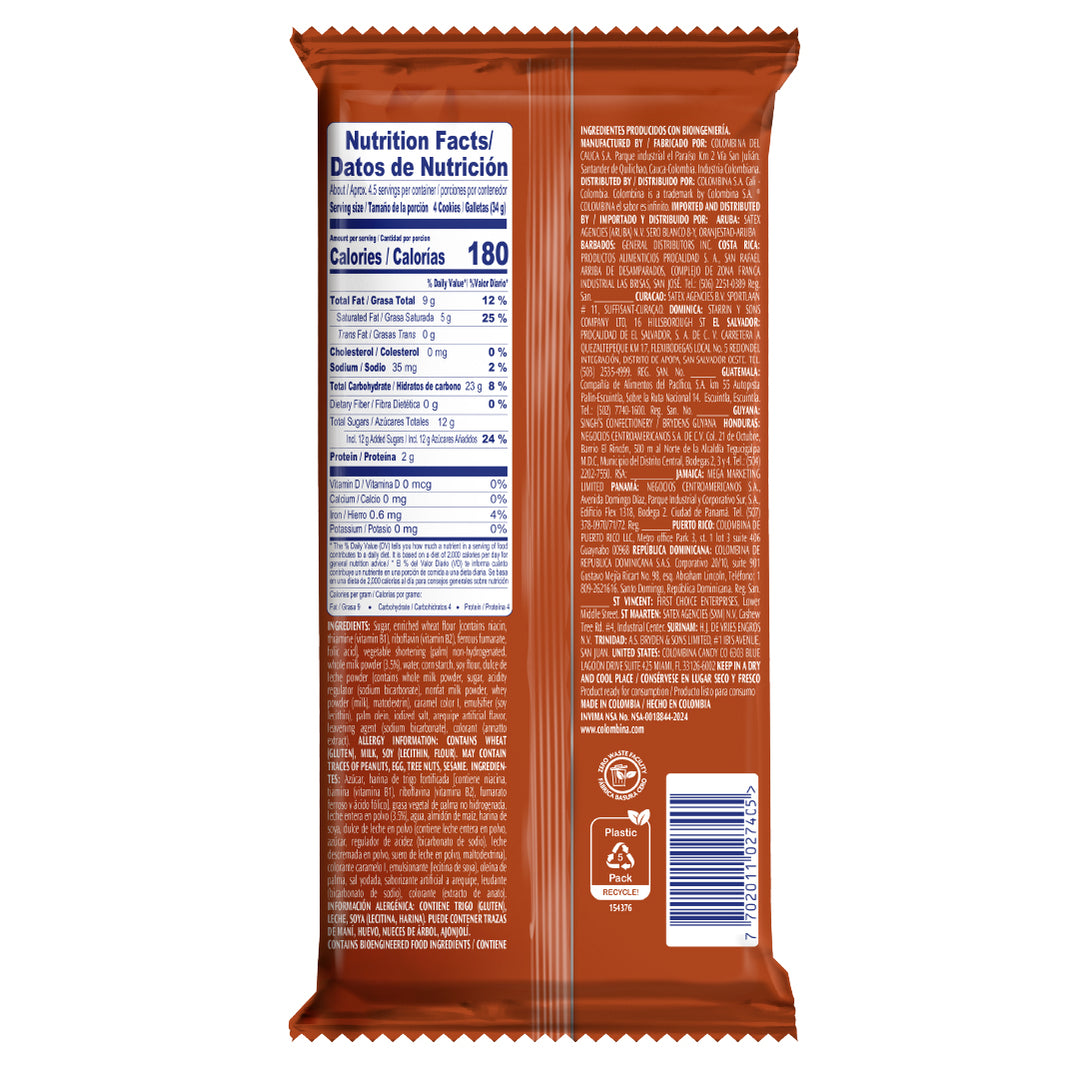 Back package view of Bridge Dulce de Leche, crispy wafer bars with rich dulce de leche filling. 5.33 oz. No artificial colors, no HFCS, no trans fat. Wafer Bridge by Colombina. A classic snack.