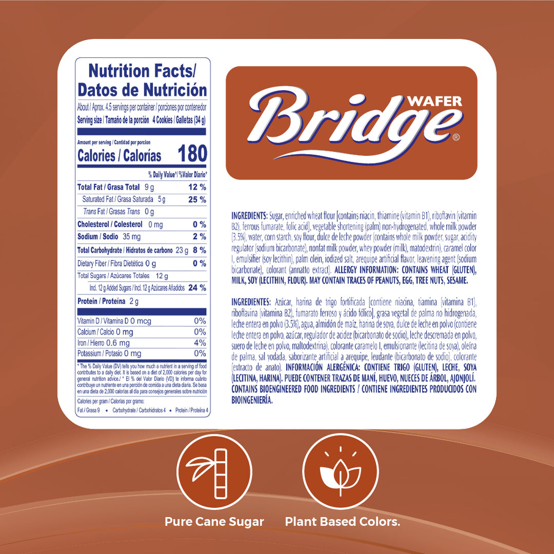 Nutrition label and ingredients label of Wafer Bridge Dulce de Leche, crispy wafer bars with rich dulce de leche filling. 5.33 oz. No artificial colors, no HFCS, no trans fat. Wafer Bridge by Colombina. A classic snack.