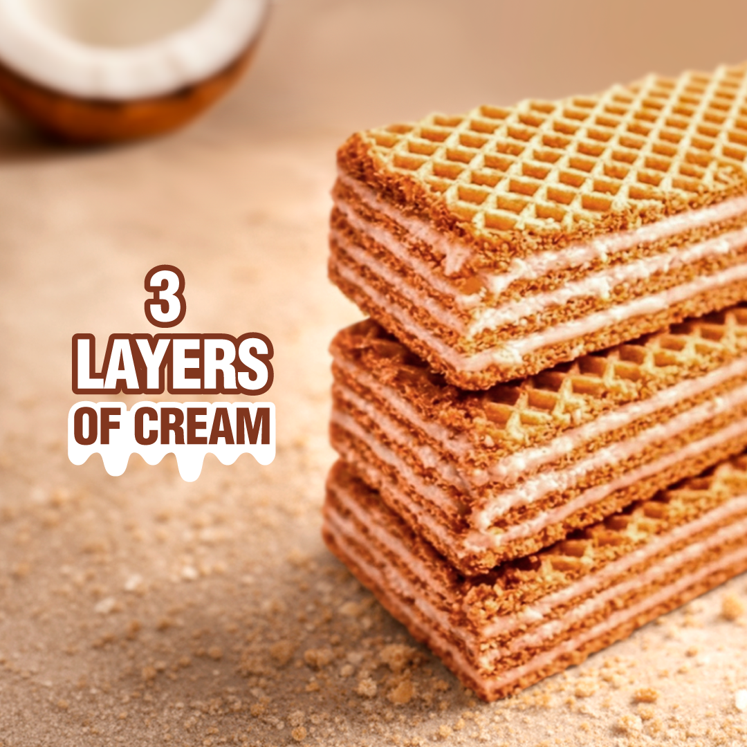 Crispy coconut wafer cookies layered with smooth coconut cream filling. It includes six individually wrapped snack packs.  Each wafer has three cream layers.