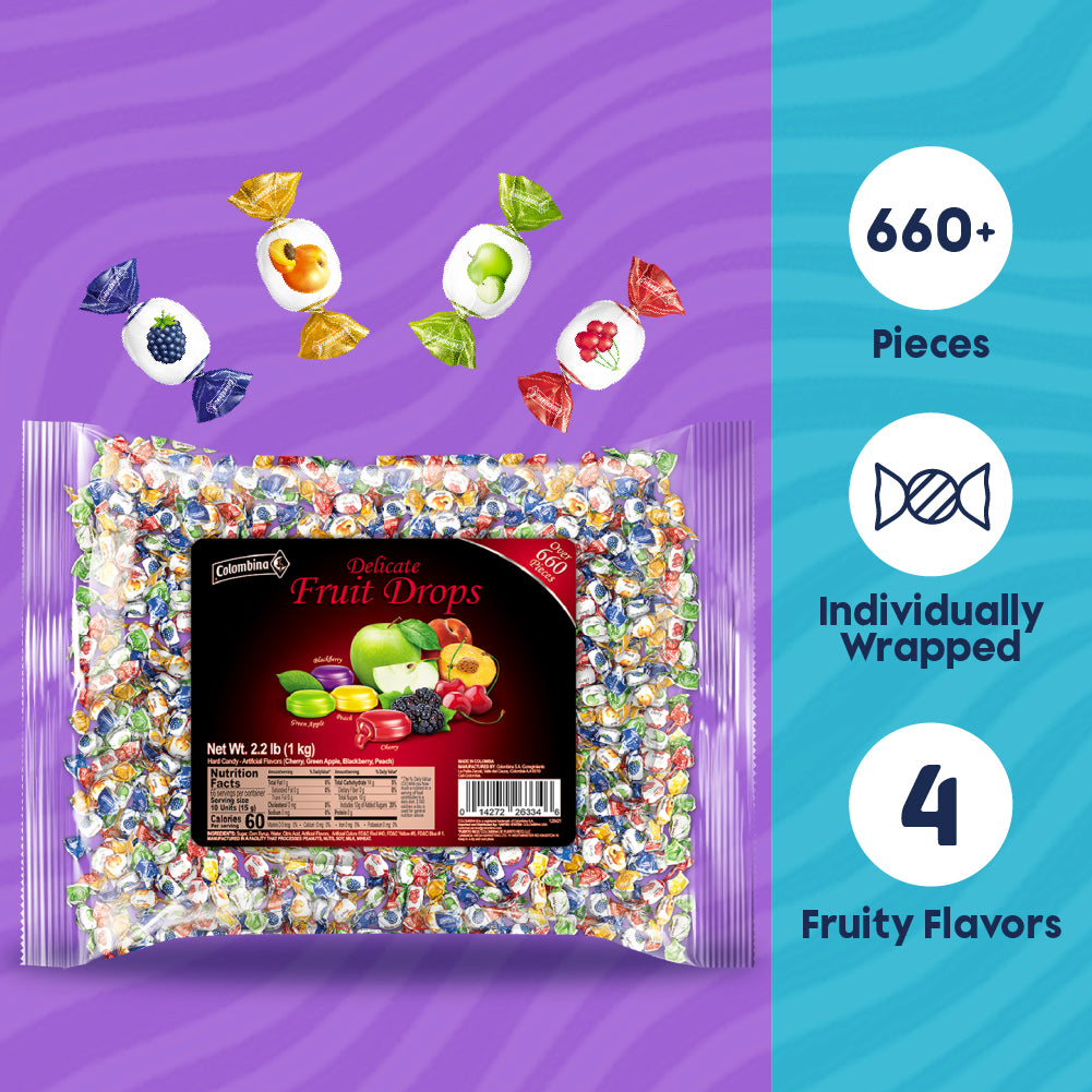Delicate Fruit Drops 2.2 lb bag with hard candies in blackberry, cherry, peach, and green apple. Individually wrapped