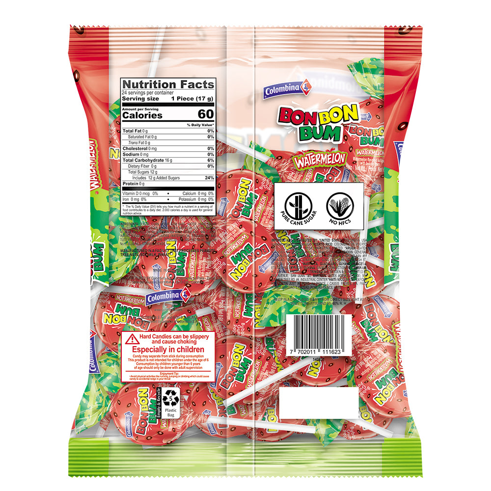 Back package of Bon Bon Bum Watermelon 24 pieces individually wrapped pops per bag.