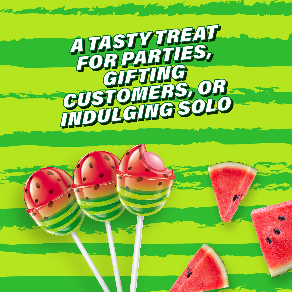 A tasty treat for parties, gifting, customers, or indulging solo. Watermelon Bon Bon Bum lollipops.  48 individually wrapped.