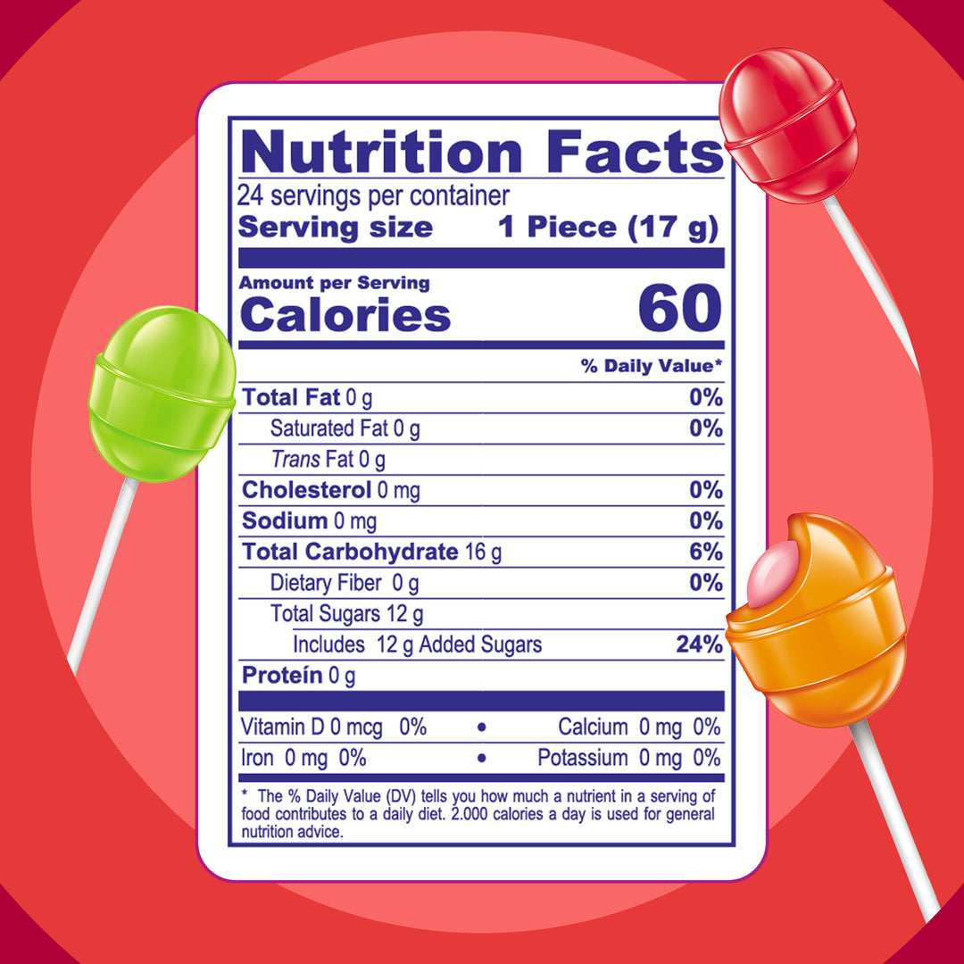 Nutrition facts  and ingredients label of Bon Bon Bum Assorted 24 counts.