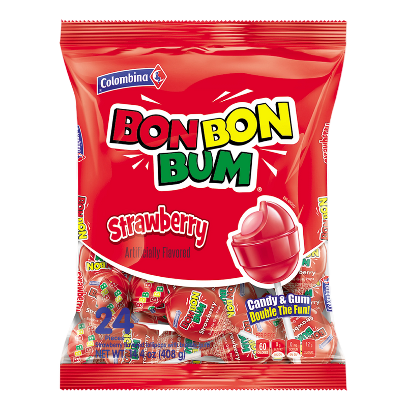 Strawberry Lollipops Bon Bon Bum 24 Ct - Colombina