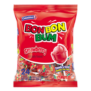 Front package of Bon Bon Bum Strawberry. 24 individually wrapped lollipops.