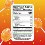 Load image into Gallery viewer, Nutrition facts and ingredients label for Bon Bon Bum Mango lollipops: tropical hard candy outer shell with chewy bubblegum center. 
