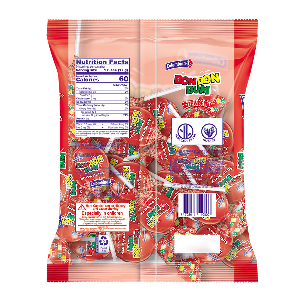 Back package of Bon Bon Bum Strawberry. 24 individually wrapped lollipops.