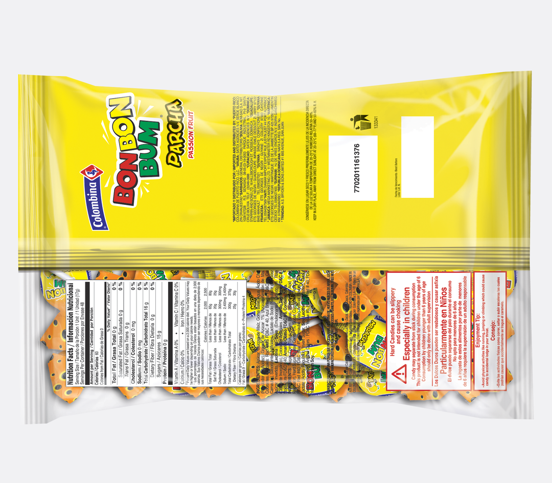 Back view of Passion Fruit Bon Bon Bum Package 24 lollipops, individually wrapped.