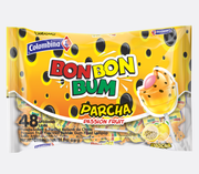 Front package view of Bon Bon Bum Passion Fruit lollipops: 48-count bag of bubble gum filled pops.