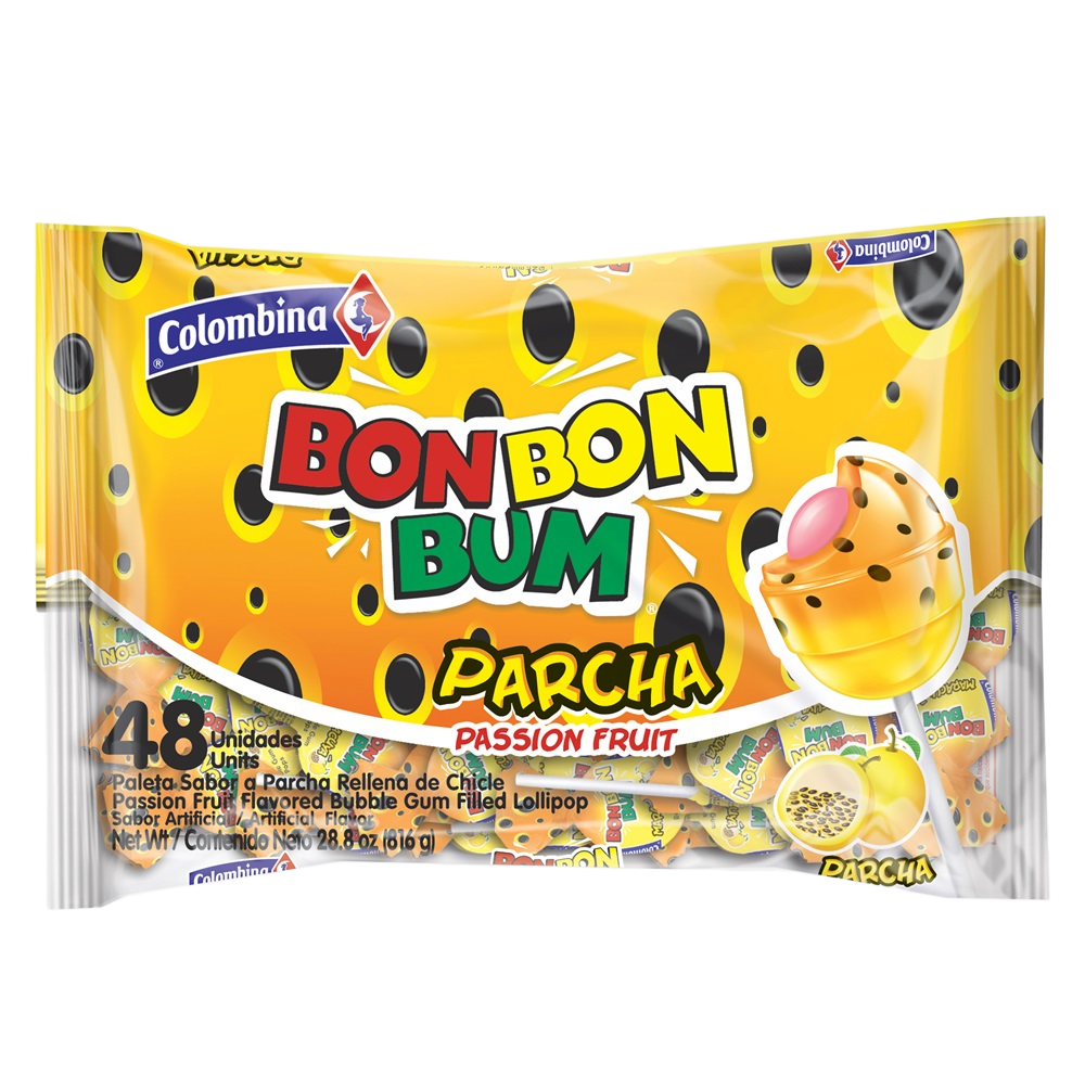 Front package view of Bon Bon Bum Passion Fruit lollipops: 48-count bag of bubble gum filled pops.