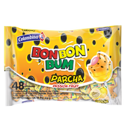 Front package view of Bon Bon Bum Passion Fruit lollipops: 48-count bag of bubble gum filled pops.