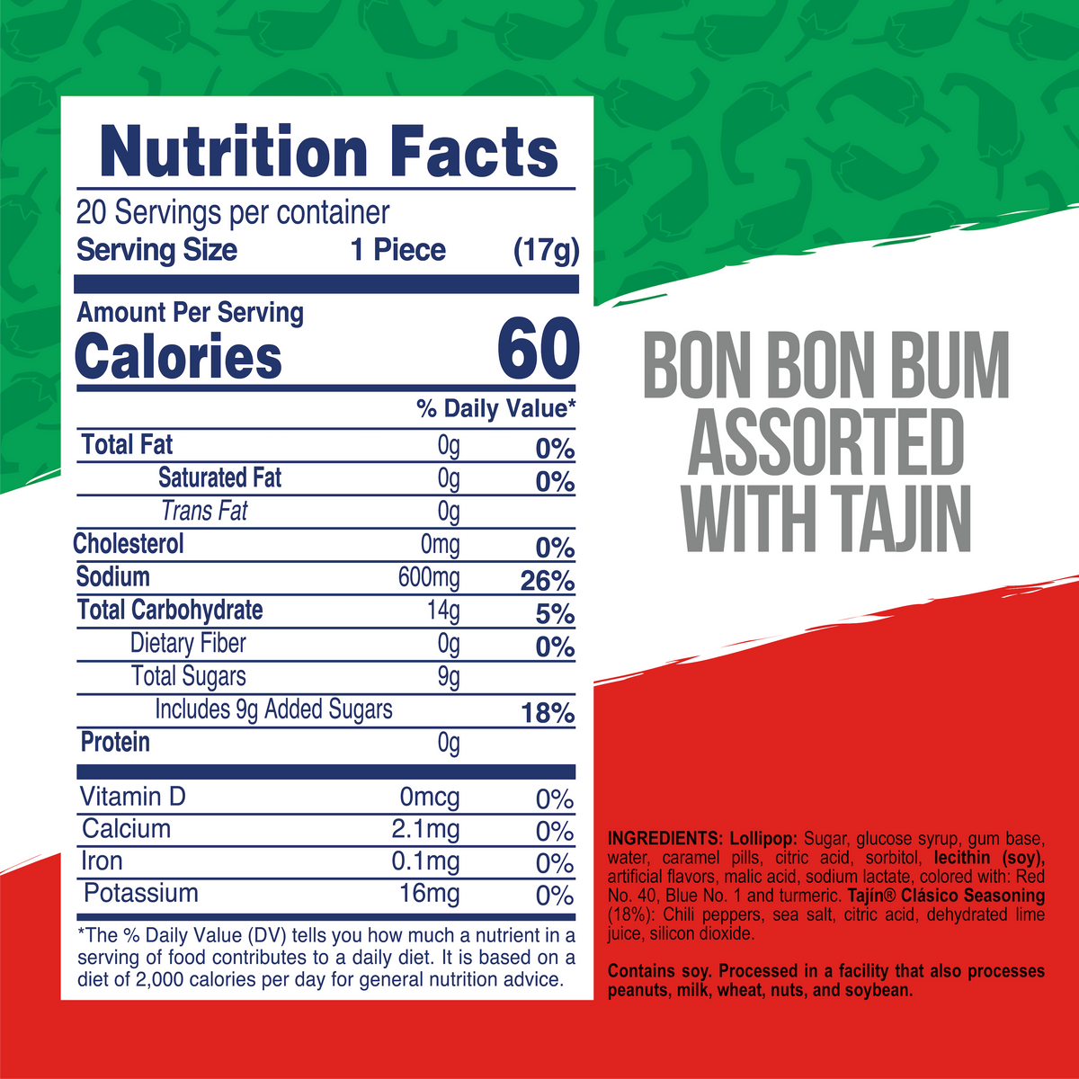 Nutrition facts label for Bon Bon Bum  with Tajin Chile Lime.