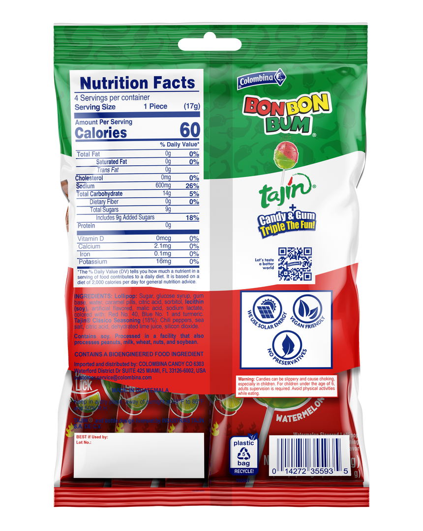 Back package view of Watermeleon Bon Bon Bum bubble with Tajin Chile Lime. 4 pieces 4-count pack. Gluten-free, no HFCS. Made by Colombina.