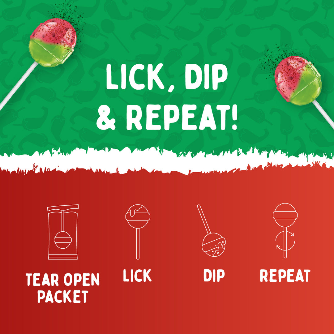 Instructions for enjoy each Bon Bon Bum Watermelon with Tajin: Lick, Dip & Repeat. 