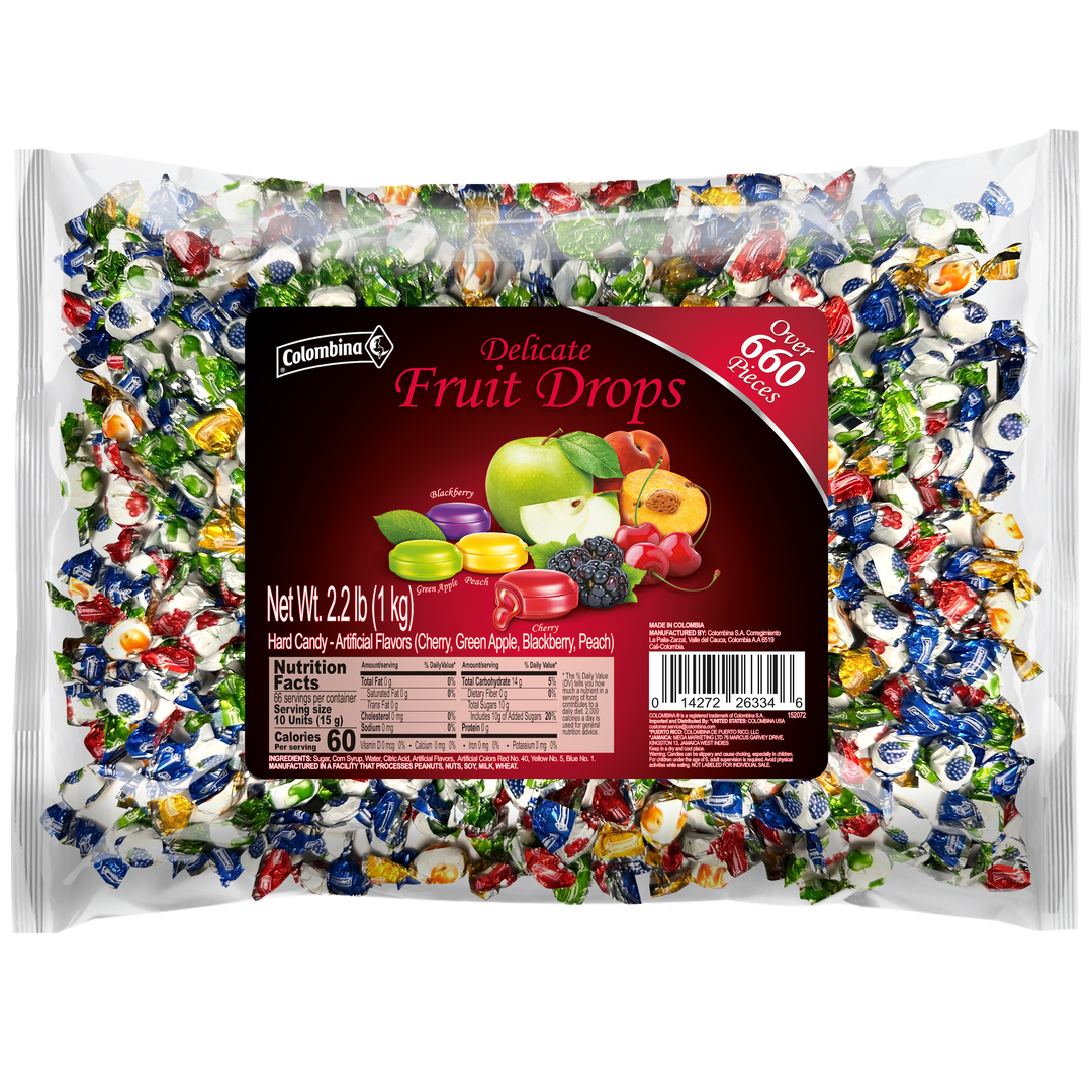 Front package view of Delicate Fruit Drops Assorted Hard Candy 2.2 lb. Individually wrapped. 