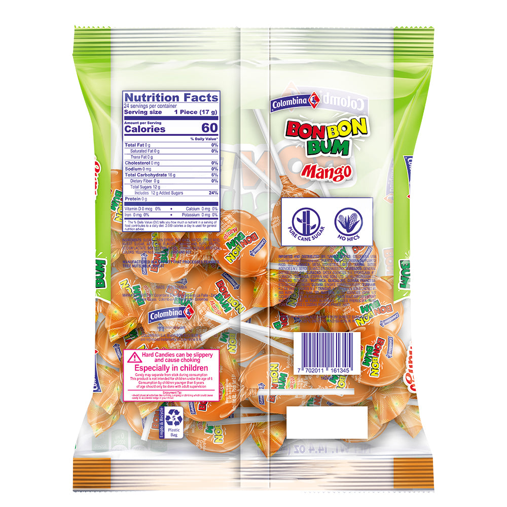 Back package view of Bon Bon Bum Mango lollipops, tropical hard candy outer shell with chewy bubblegum center. 