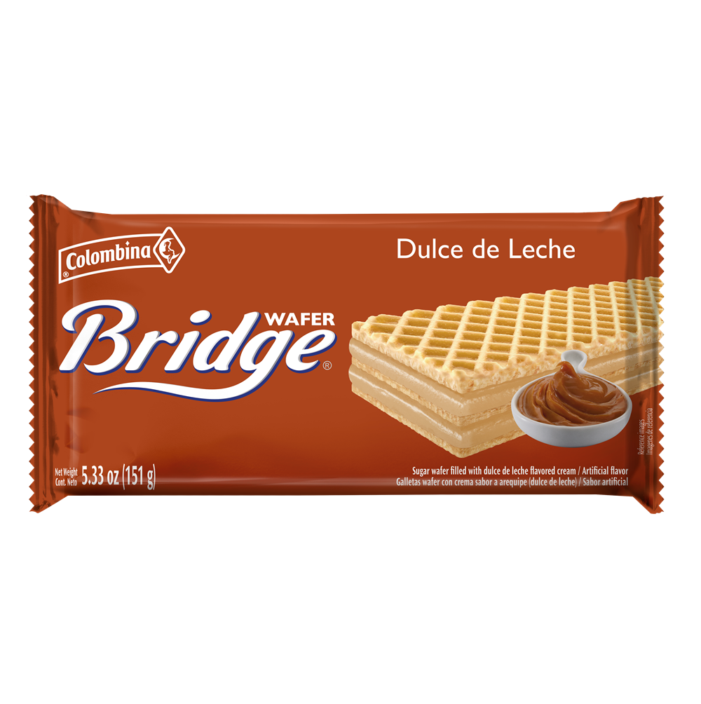 Front package view of Bridge Dulce de Leche, crispy wafer bars with rich dulce de leche filling. 5.33 oz. No artificial colors, no HFCS, no trans fat. 