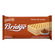 Front package view of Bridge Dulce de Leche, crispy wafer bars with rich dulce de leche filling. 5.33 oz. No artificial colors, no HFCS, no trans fat. 