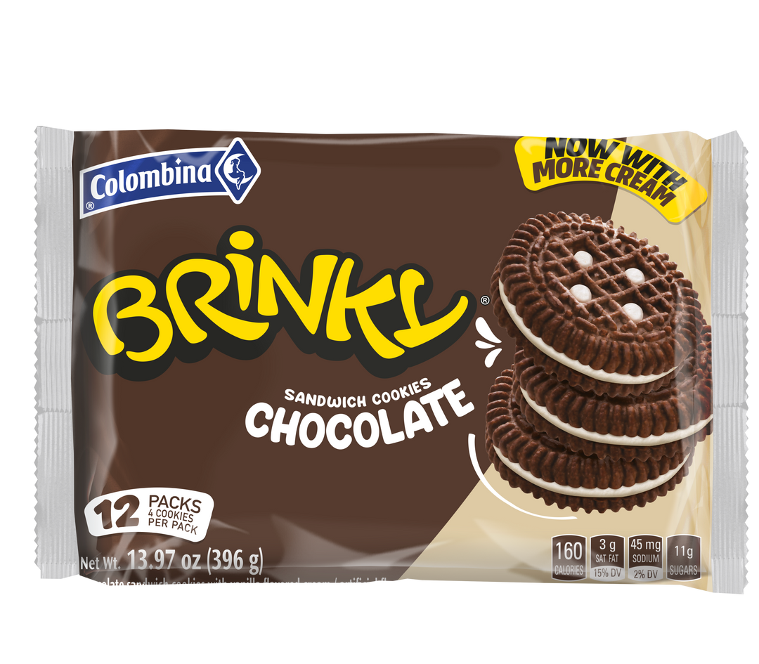 Front package view of Brinky Chocolate sandwich cookies. 12 packs, 4 cooklies per pack. 13.97 oz.