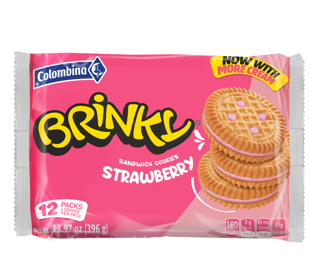 Front package view of Brinky Vanilla sandwich cookies 13.97 oz. Crispy sandwich cookies with a smooth vanilla cream filling. 12 individually wrapped packs. 